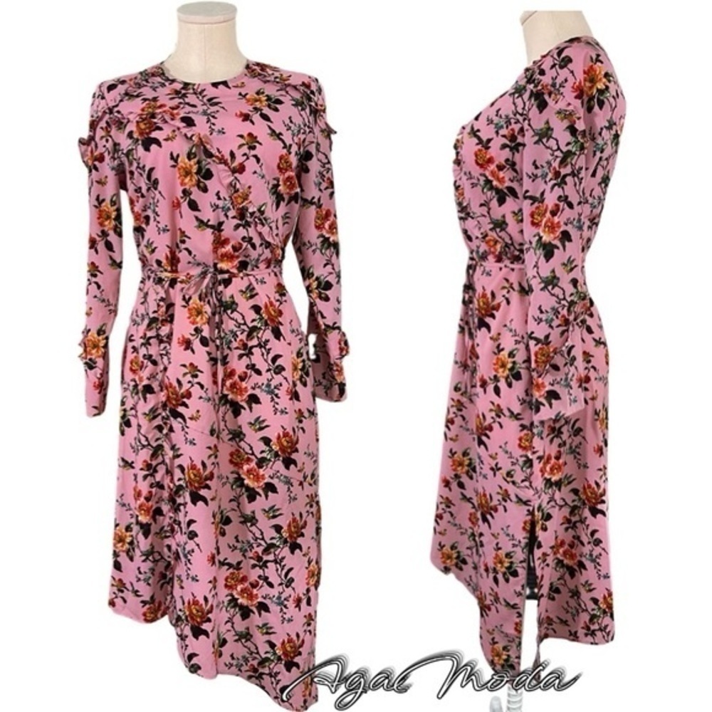 Topshop Long Sleeve Asymmetrical Pink Floral Dress with Ruffle Elements